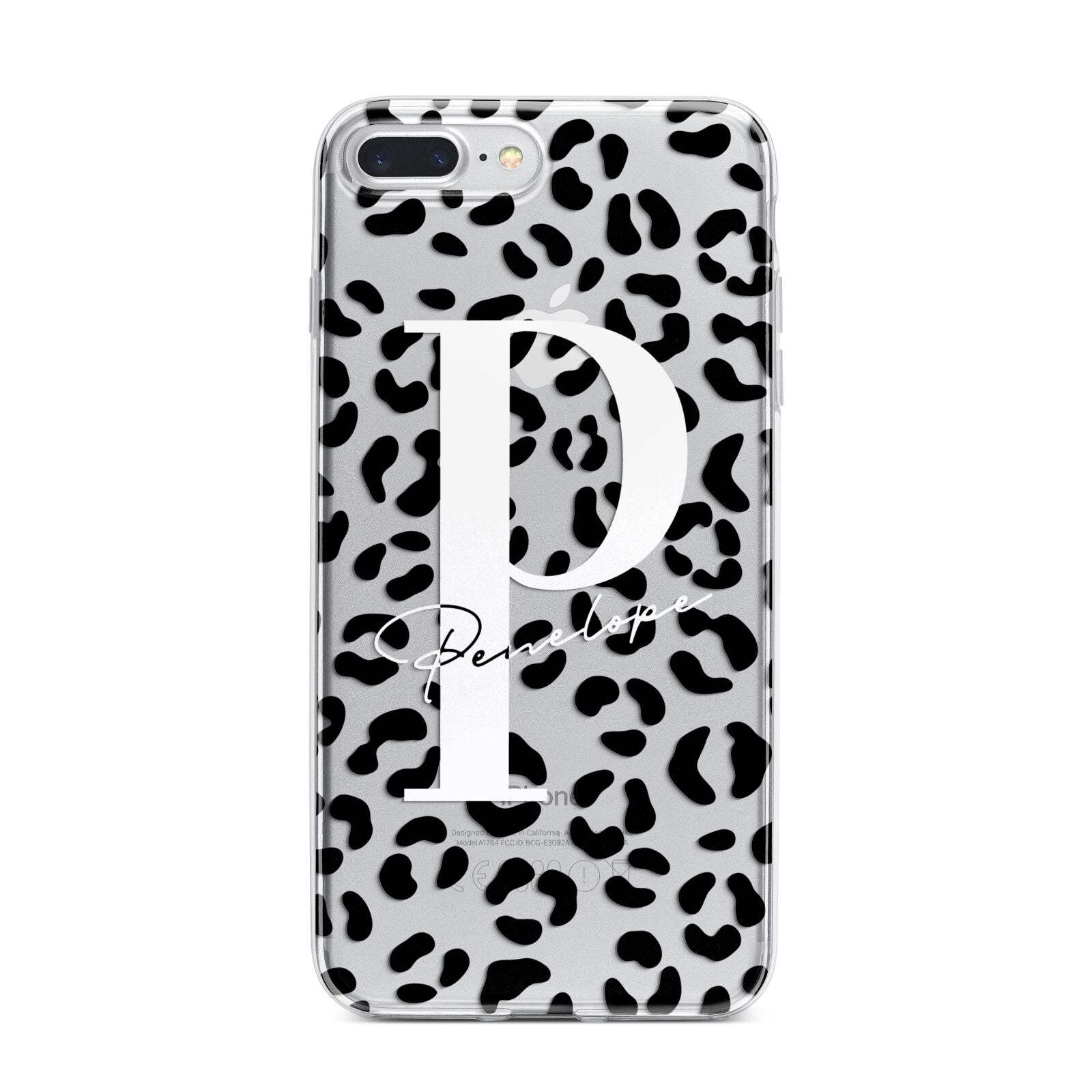 Personalised Leopard Print Clear Black iPhone 7 Plus Bumper Case on Silver iPhone