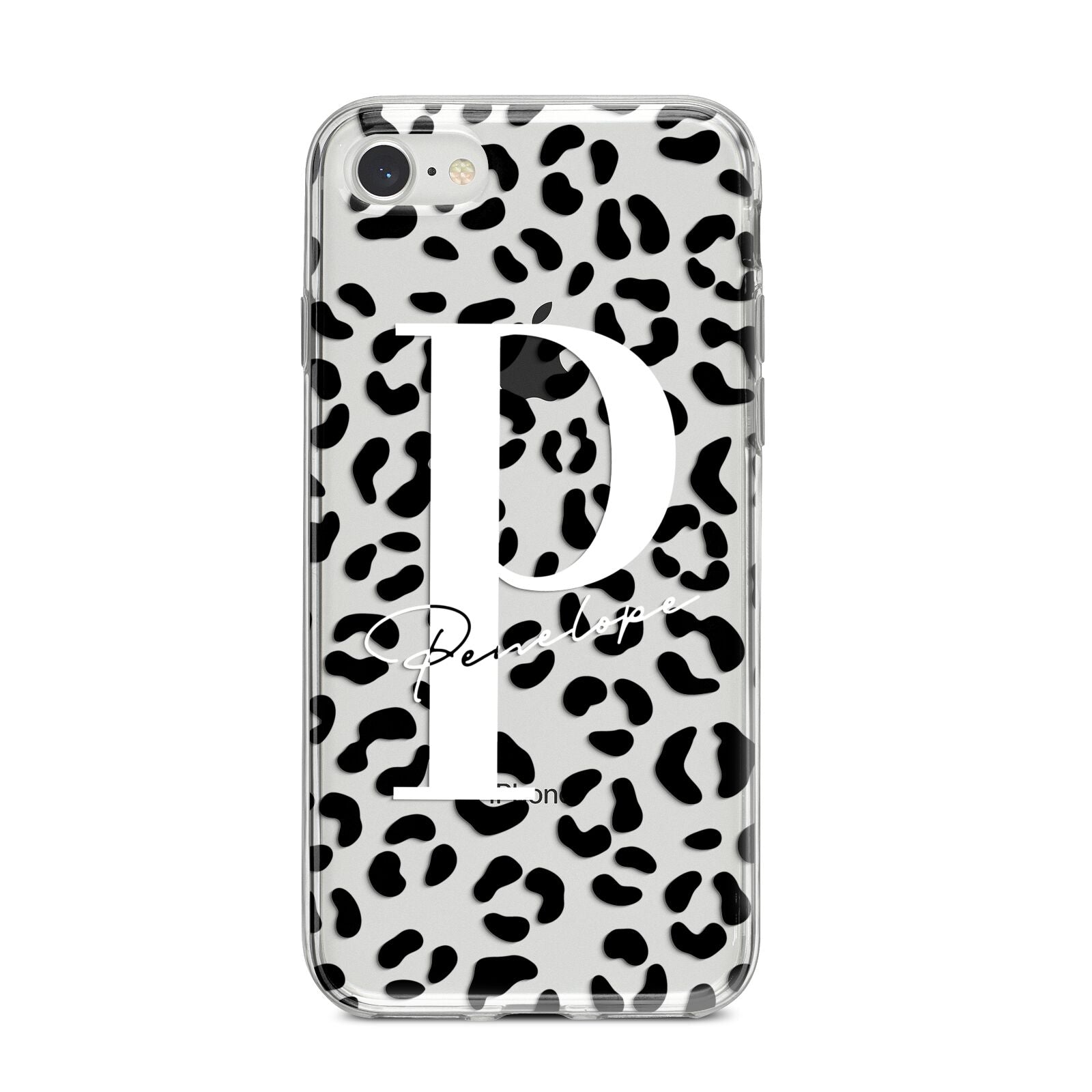 Personalised Leopard Print Clear Black iPhone 8 Bumper Case on Silver iPhone