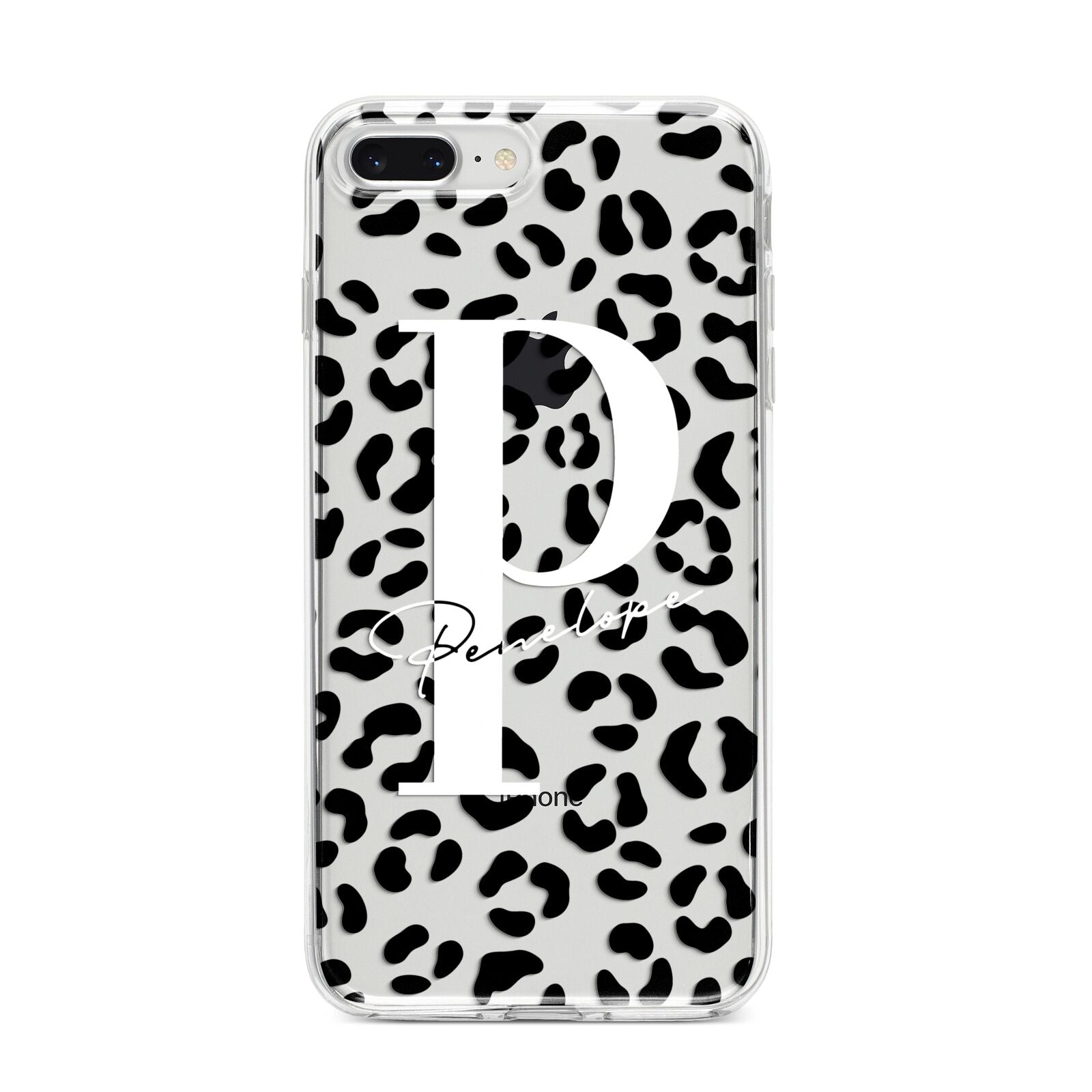 Personalised Leopard Print Clear Black iPhone 8 Plus Bumper Case on Silver iPhone