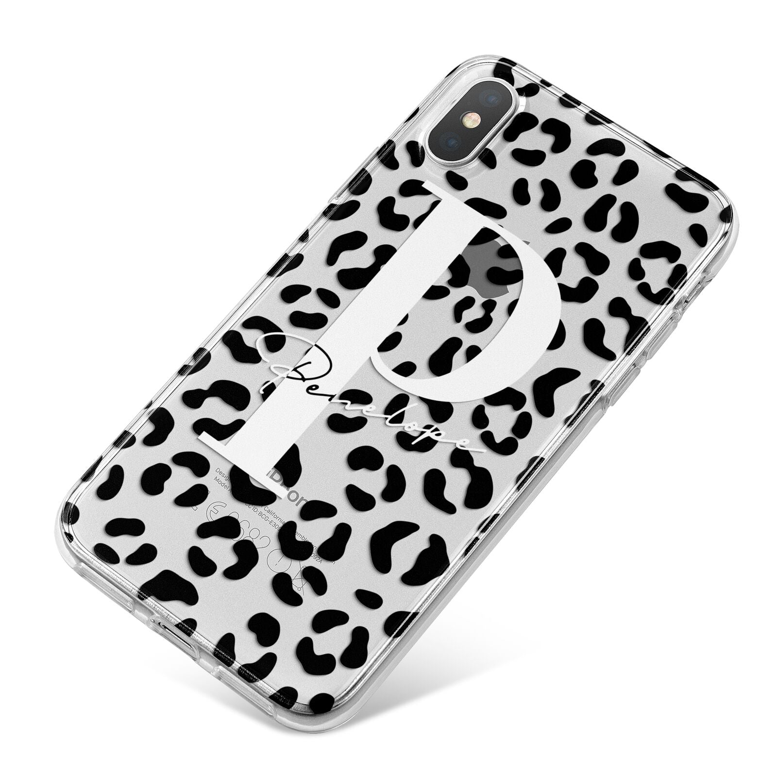 Personalised Leopard Print Clear Black iPhone X Bumper Case on Silver iPhone