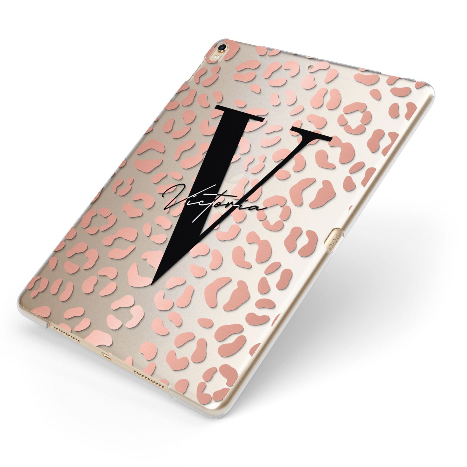 Personalised Leopard Print Clear Copper Apple iPad Case on Gold iPad Side View