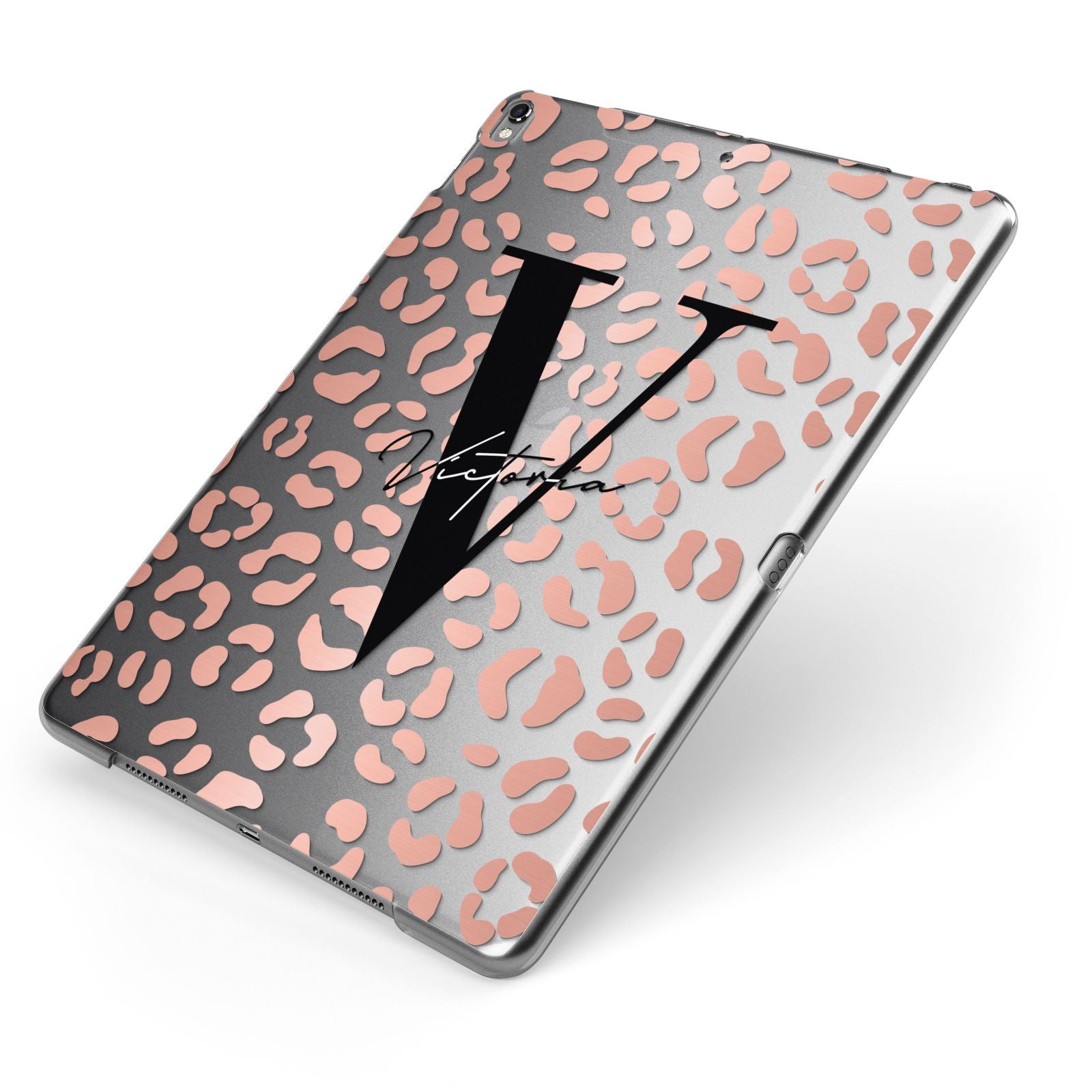 Personalised Leopard Print Clear Copper Apple iPad Case on Grey iPad Side View