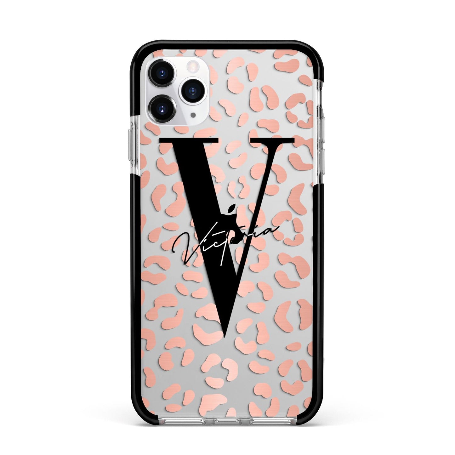 Personalised Leopard Print Clear Copper Apple iPhone 11 Pro Max in Silver with Black Impact Case