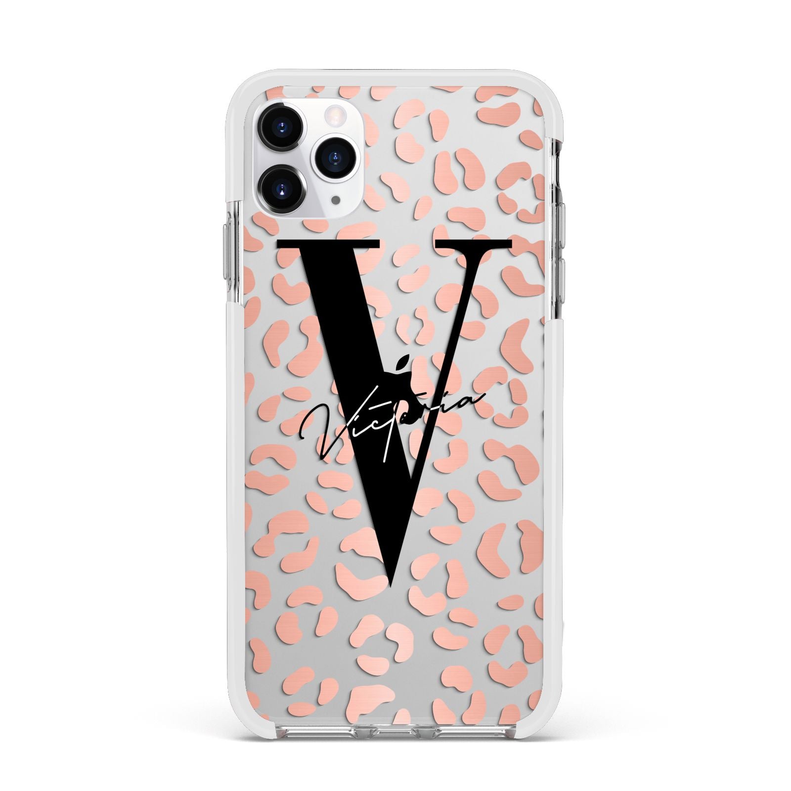 Personalised Leopard Print Clear Copper Apple iPhone 11 Pro Max in Silver with White Impact Case