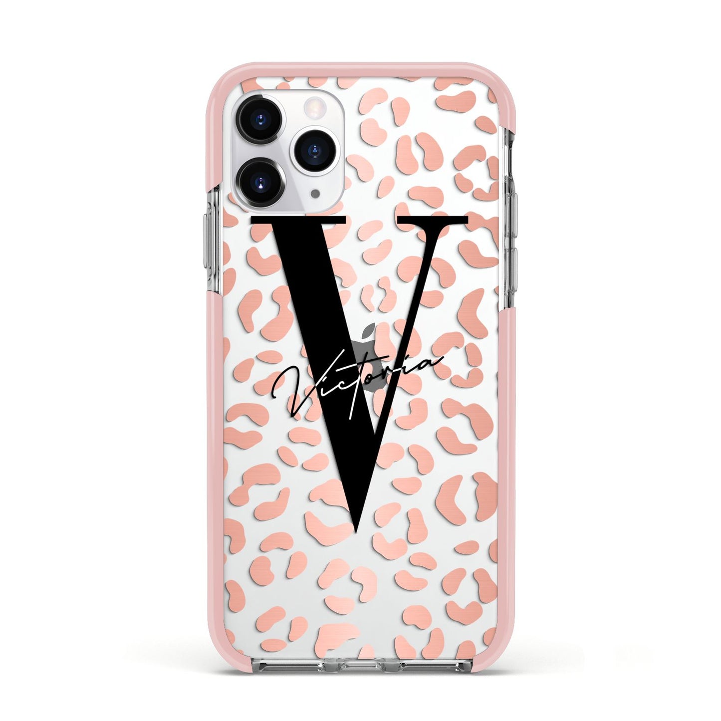 Personalised Leopard Print Clear Copper Apple iPhone 11 Pro in Silver with Pink Impact Case