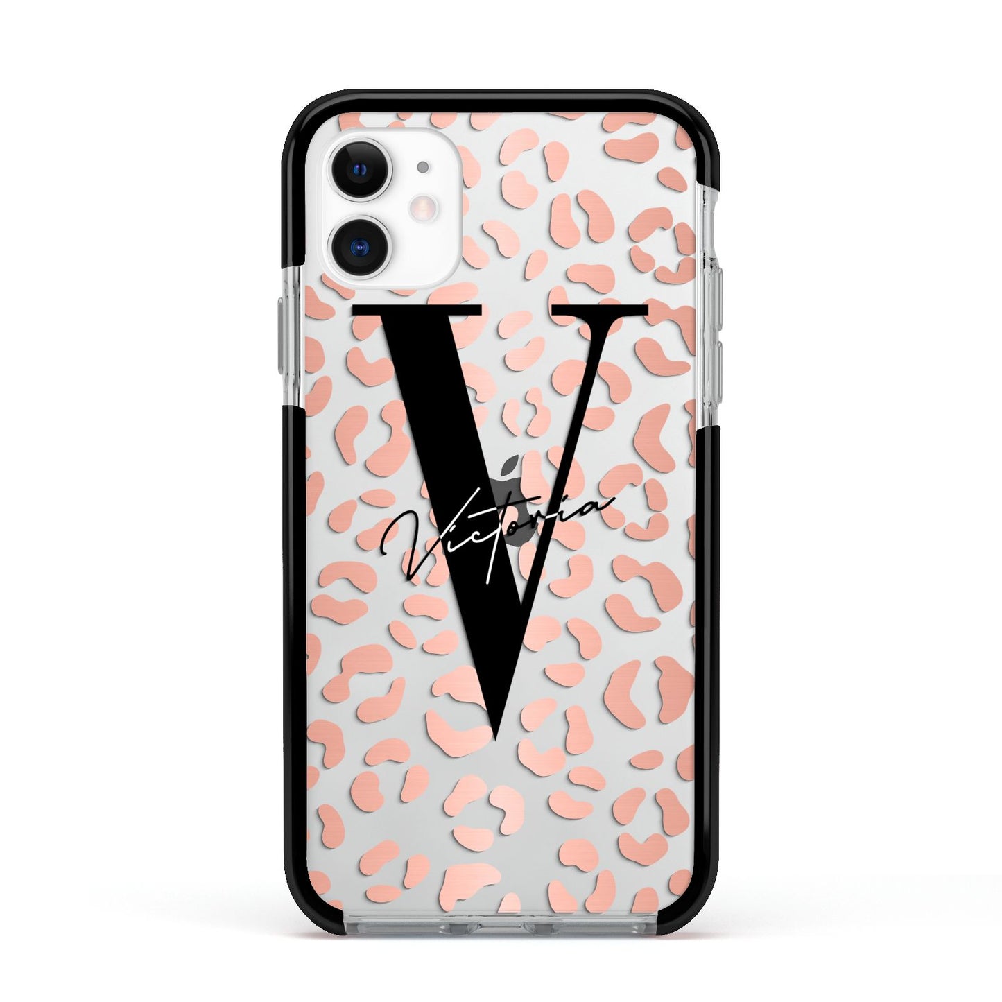 Personalised Leopard Print Clear Copper Apple iPhone 11 in White with Black Impact Case