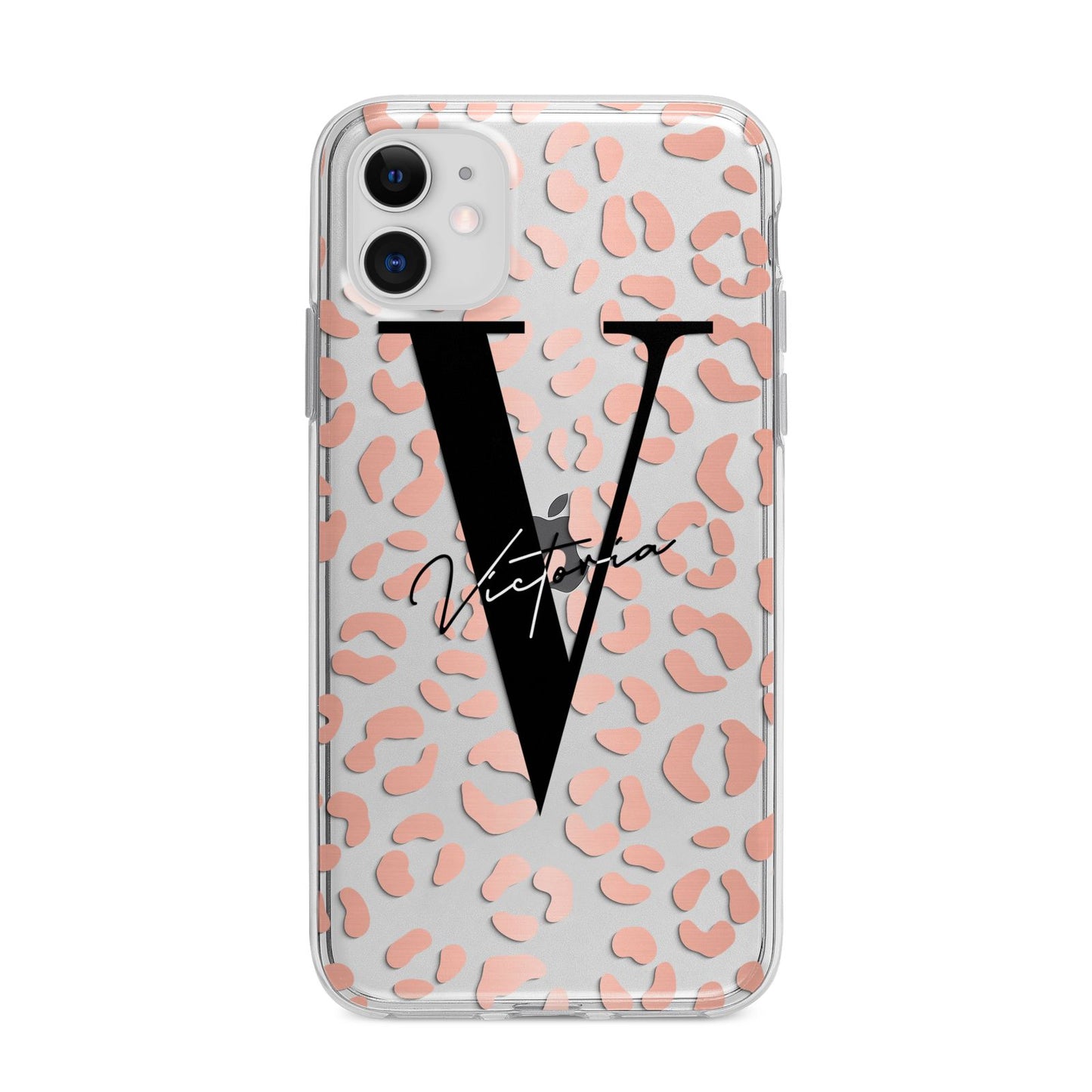 Personalised Leopard Print Clear Copper Apple iPhone 11 in White with Bumper Case