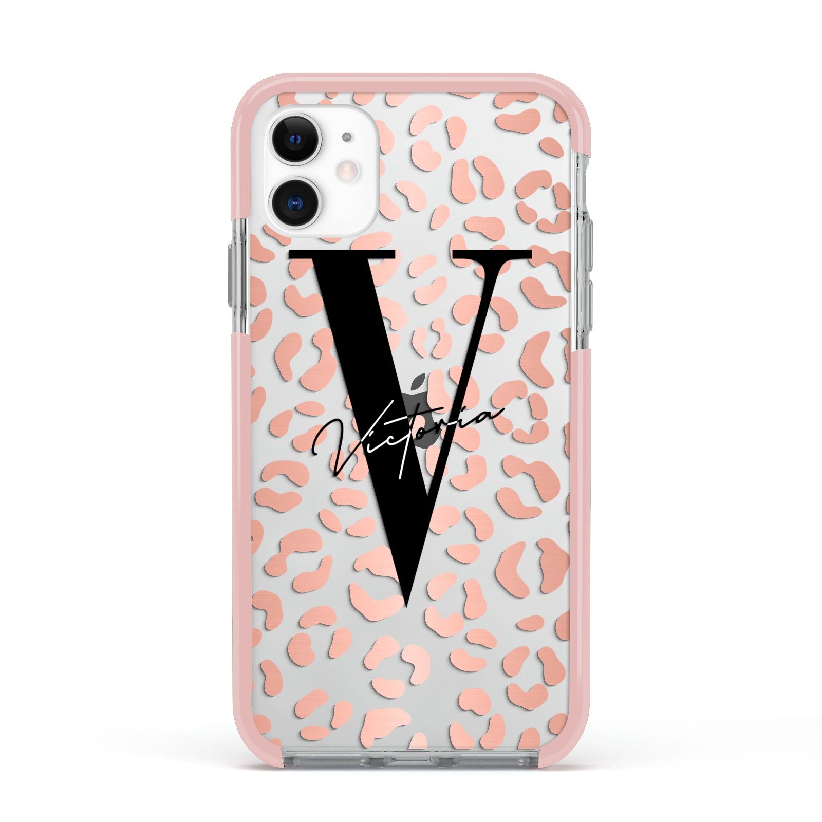Personalised Leopard Print Clear Copper Apple iPhone 11 in White with Pink Impact Case