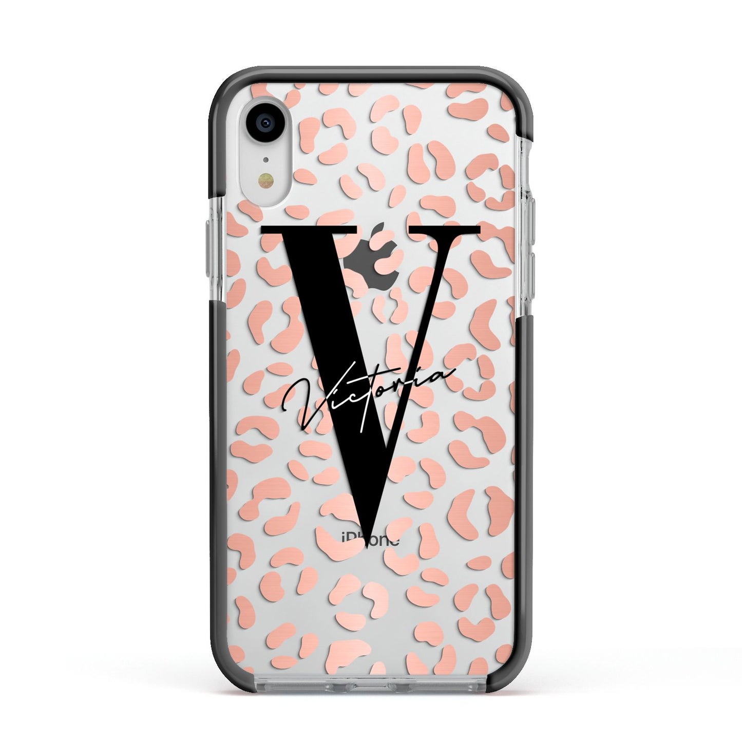 Personalised Leopard Print Clear Copper Apple iPhone XR Impact Case Black Edge on Silver Phone