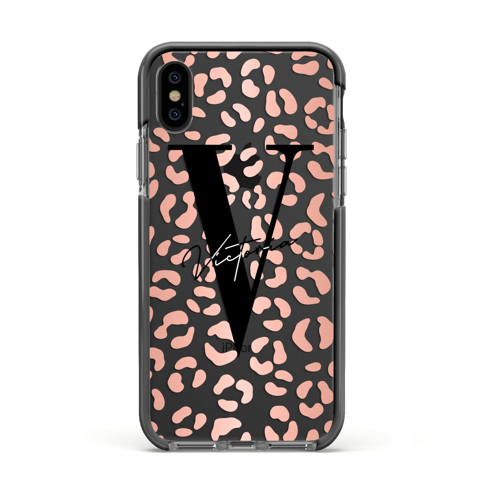 Personalised Leopard Print Clear Copper Apple iPhone Xs Impact Case Black Edge on Black Phone