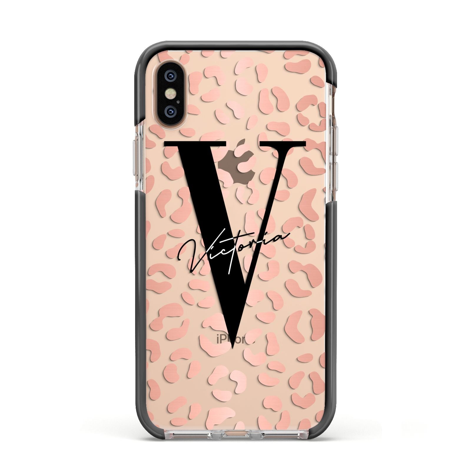 Personalised Leopard Print Clear Copper Apple iPhone Xs Impact Case Black Edge on Gold Phone