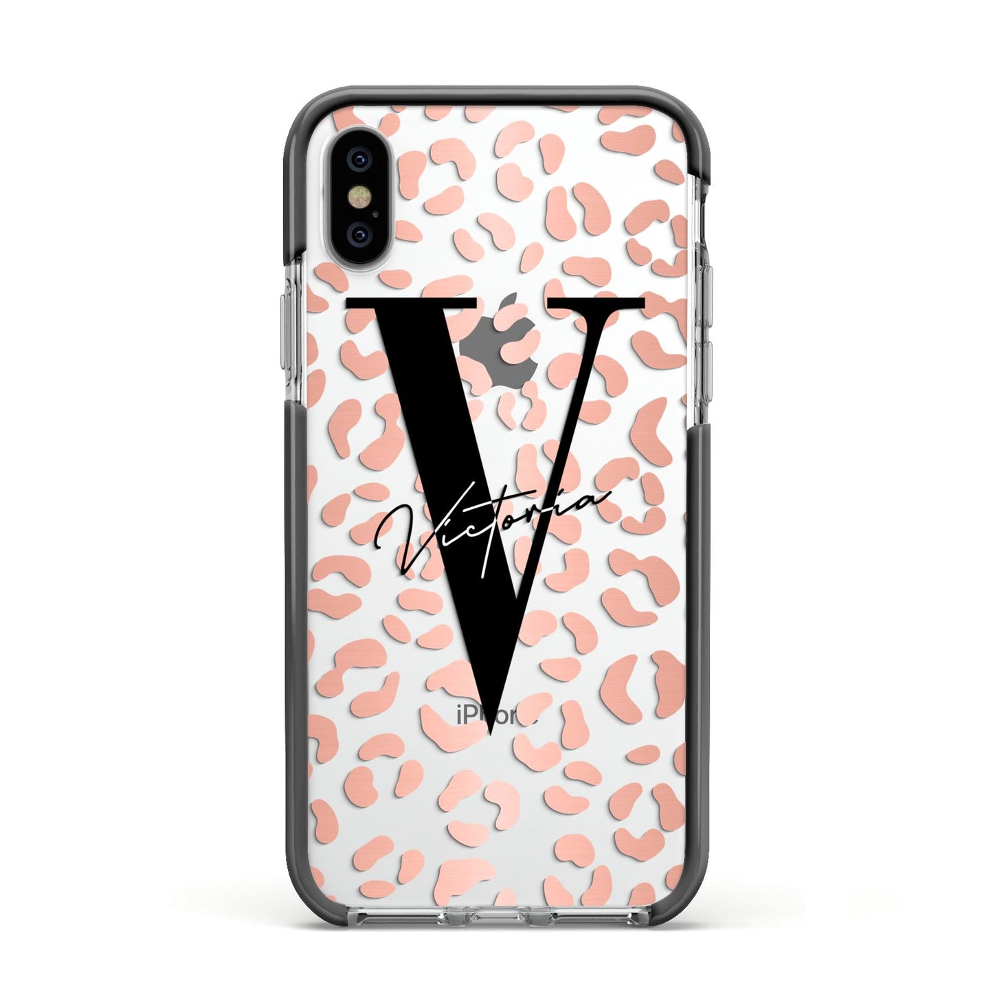 Personalised Leopard Print Clear Copper Apple iPhone Xs Impact Case Black Edge on Silver Phone