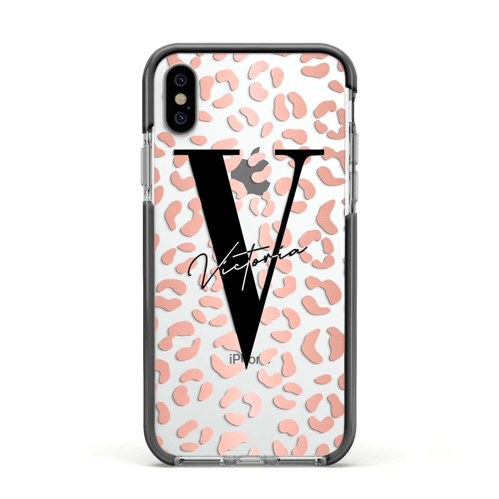 Personalised Leopard Print Clear Copper Apple iPhone Xs Impact Case Black Edge on Silver Phone