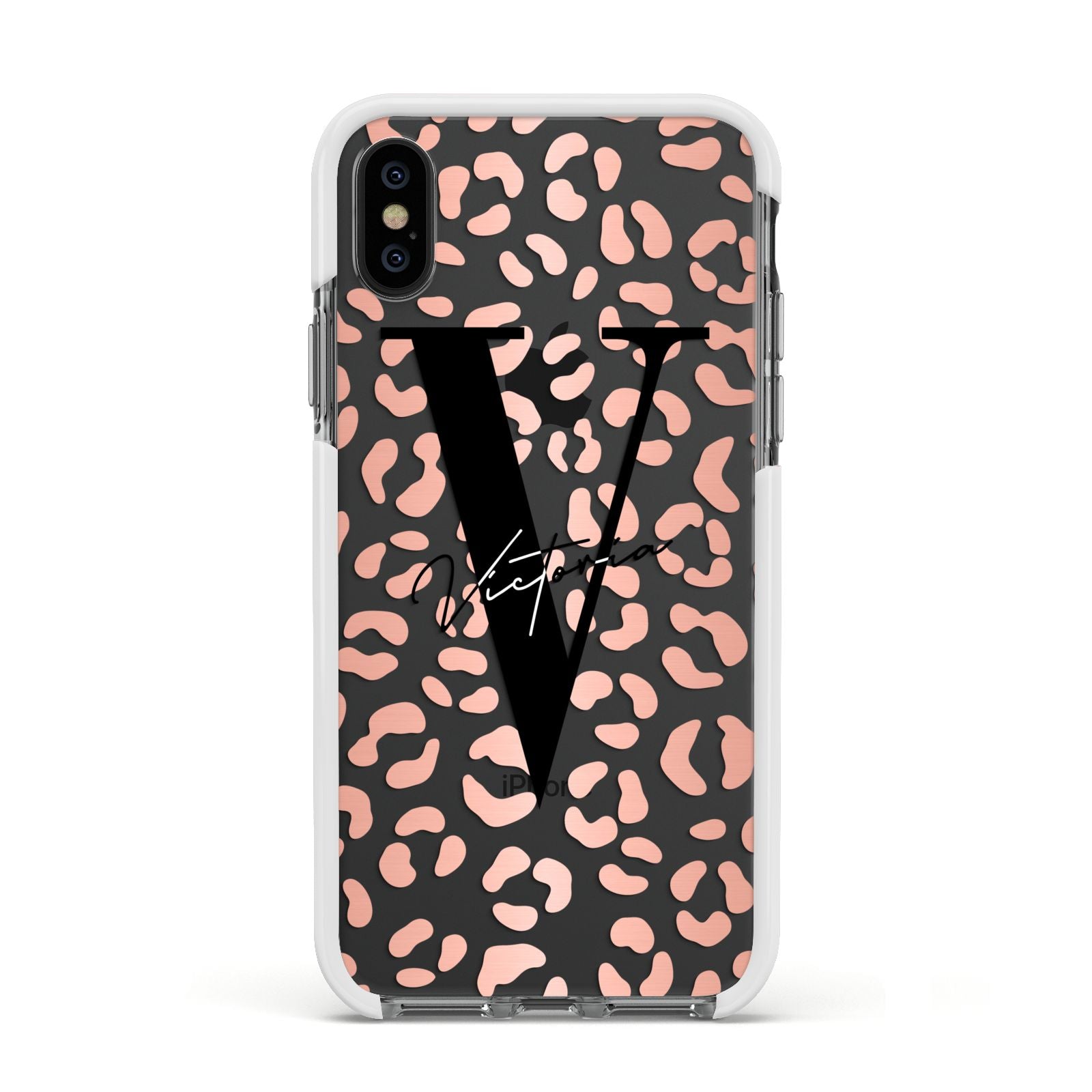 Personalised Leopard Print Clear Copper Apple iPhone Xs Impact Case White Edge on Black Phone