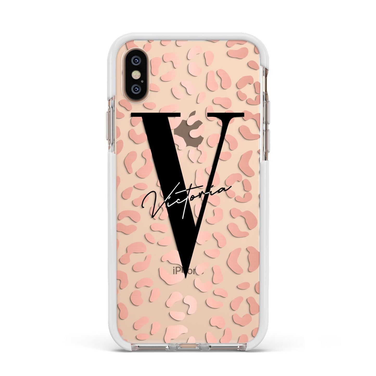 Personalised Leopard Print Clear Copper Apple iPhone Xs Impact Case White Edge on Gold Phone
