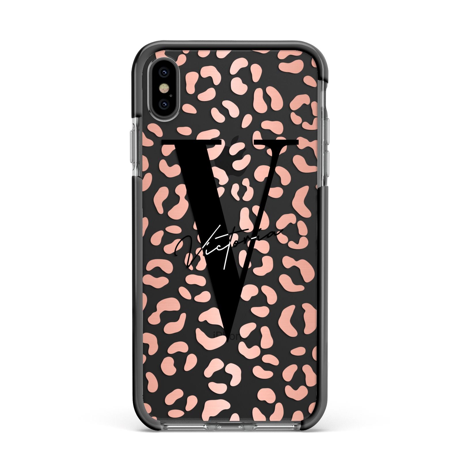 Personalised Leopard Print Clear Copper Apple iPhone Xs Max Impact Case Black Edge on Black Phone