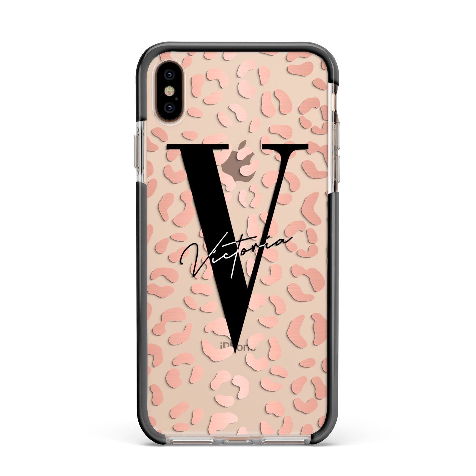 Personalised Leopard Print Clear Copper Apple iPhone Xs Max Impact Case Black Edge on Gold Phone