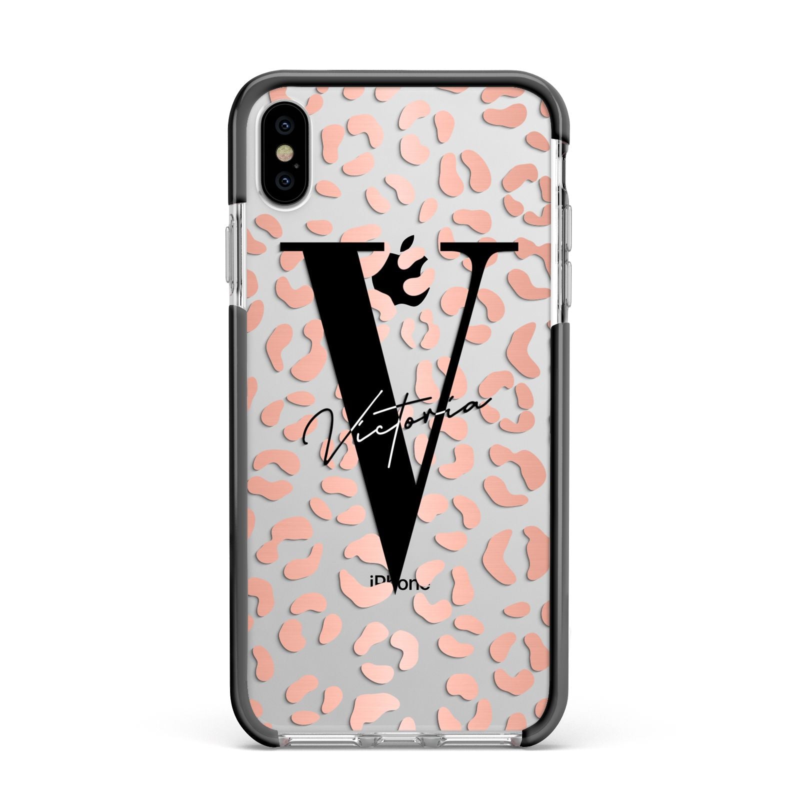 Personalised Leopard Print Clear Copper Apple iPhone Xs Max Impact Case Black Edge on Silver Phone