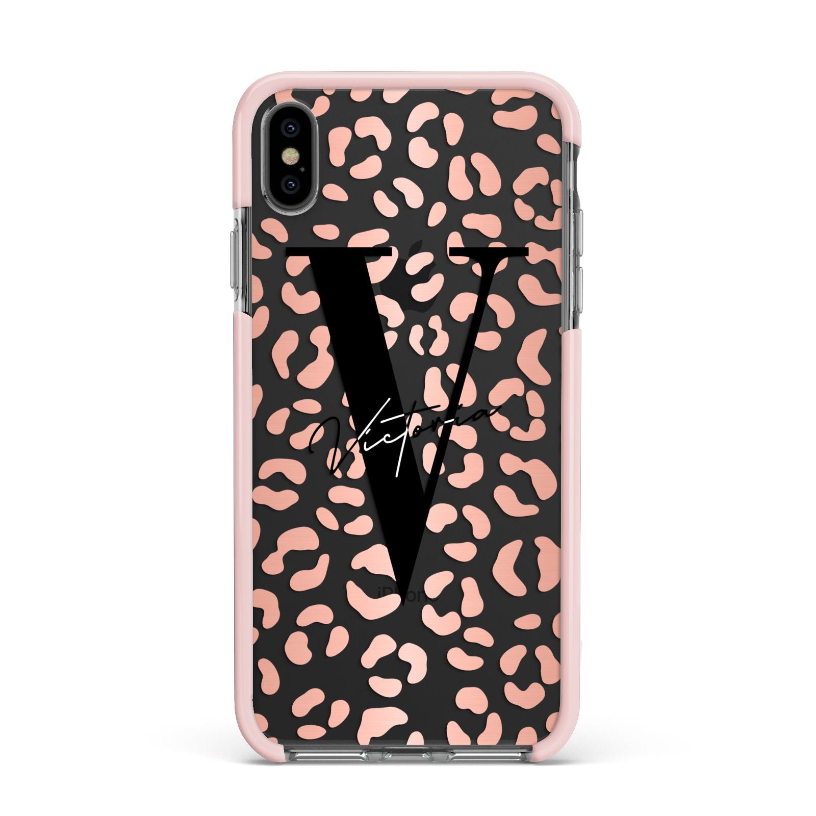 Personalised Leopard Print Clear Copper Apple iPhone Xs Max Impact Case Pink Edge on Black Phone