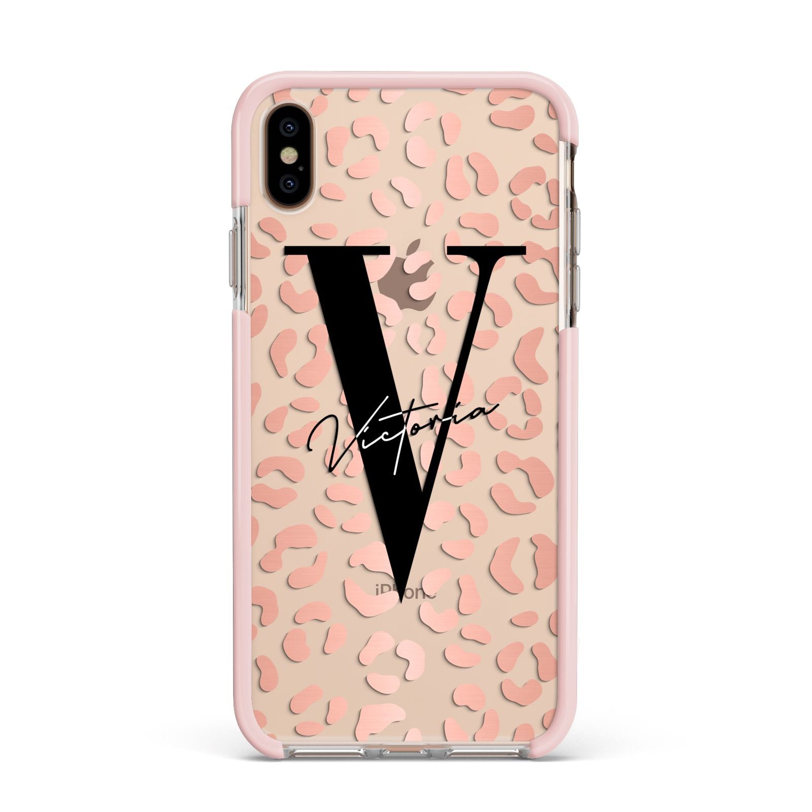 Personalised Leopard Print Clear Copper Apple iPhone Xs Max Impact Case Pink Edge on Gold Phone
