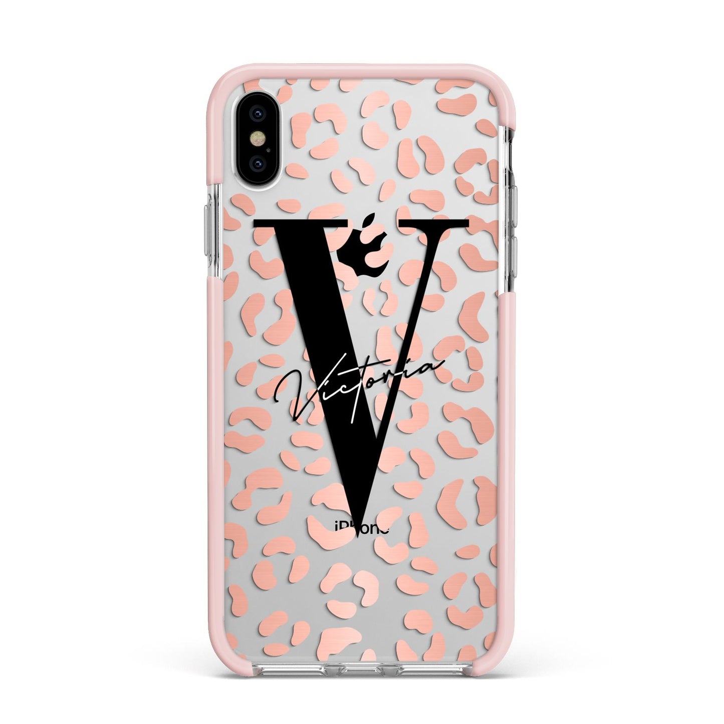 Personalised Leopard Print Clear Copper Apple iPhone Xs Max Impact Case Pink Edge on Silver Phone