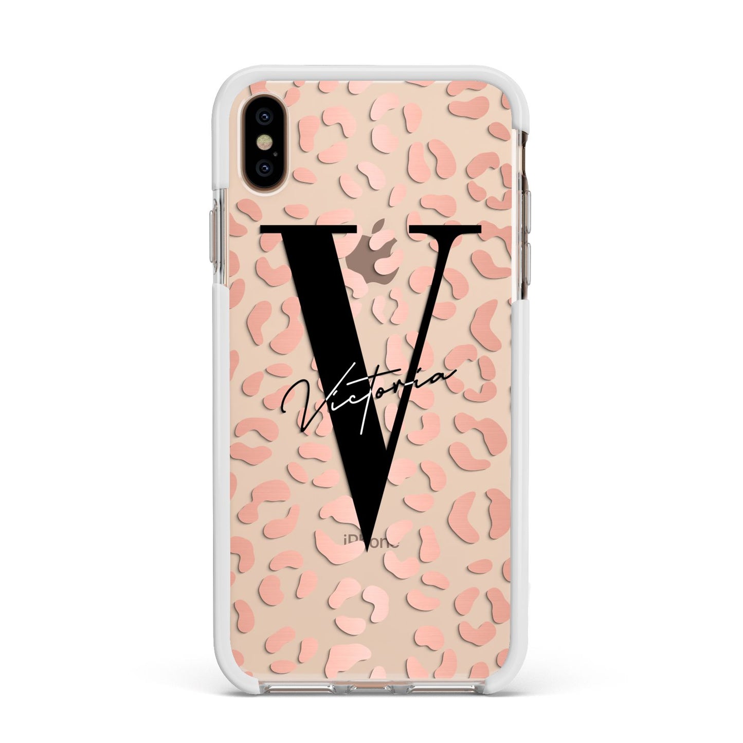 Personalised Leopard Print Clear Copper Apple iPhone Xs Max Impact Case White Edge on Gold Phone