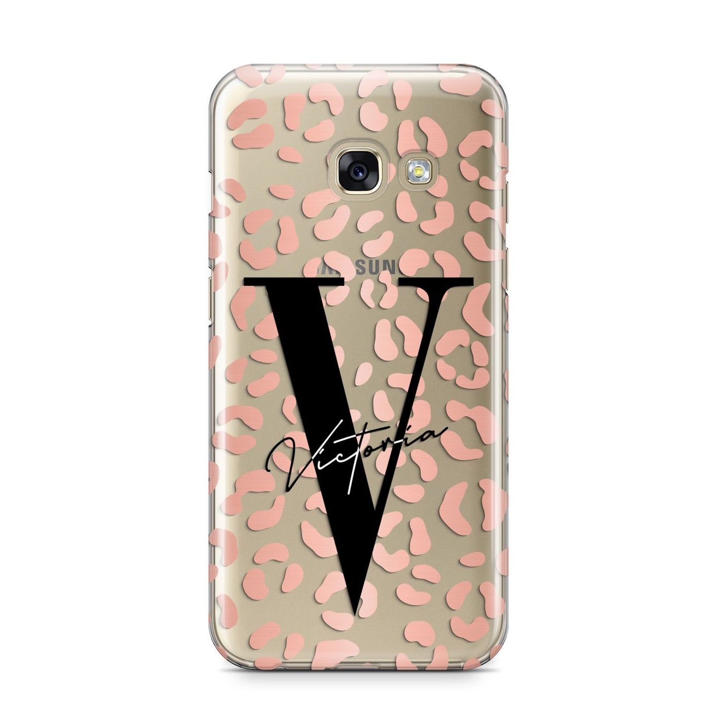 Personalised Leopard Print Clear Copper Samsung Galaxy A3 2017 Case on gold phone