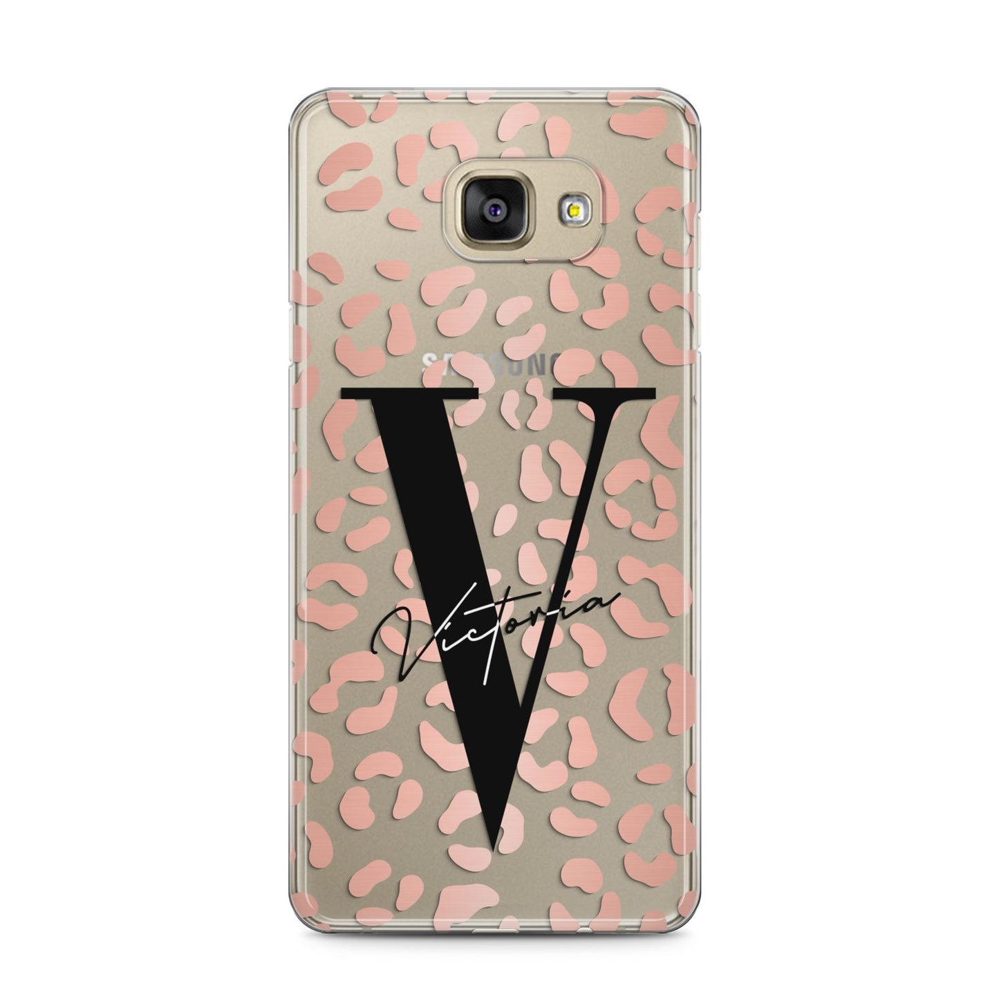 Personalised Leopard Print Clear Copper Samsung Galaxy A5 2016 Case on gold phone