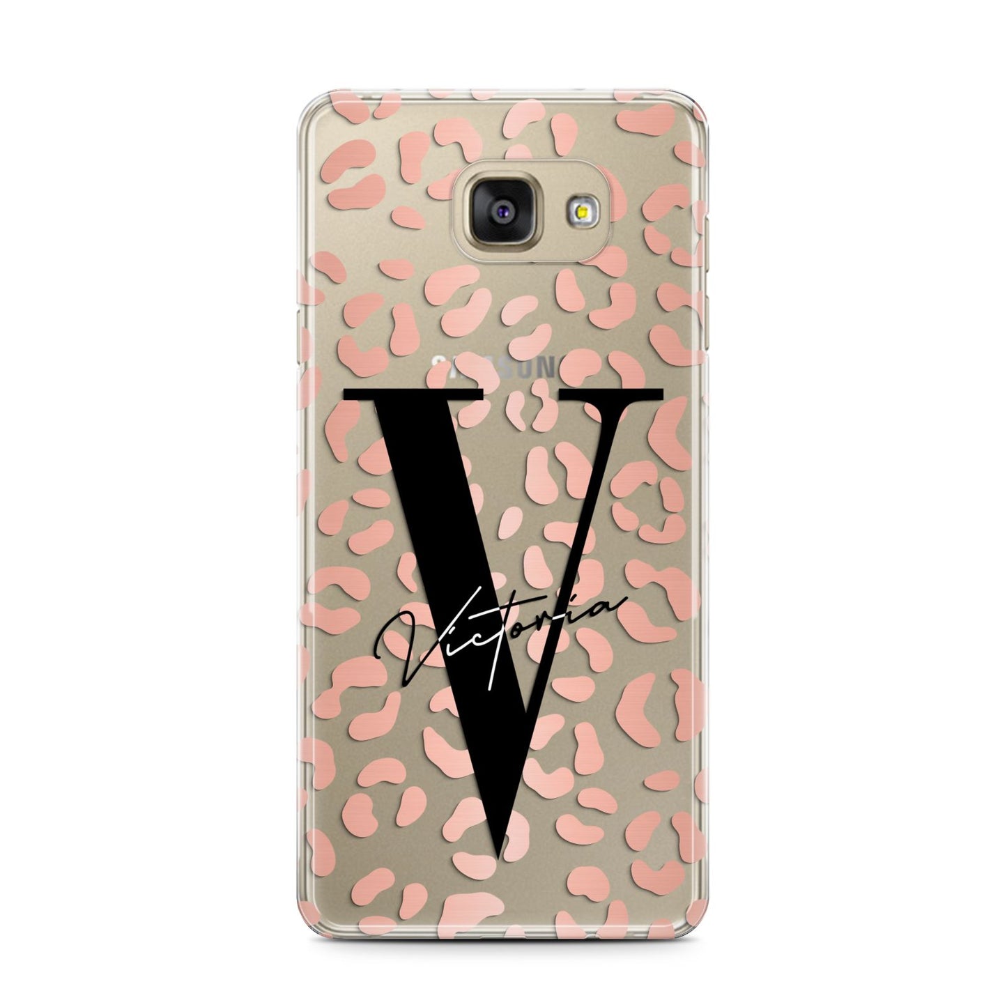 Personalised Leopard Print Clear Copper Samsung Galaxy A7 2016 Case on gold phone