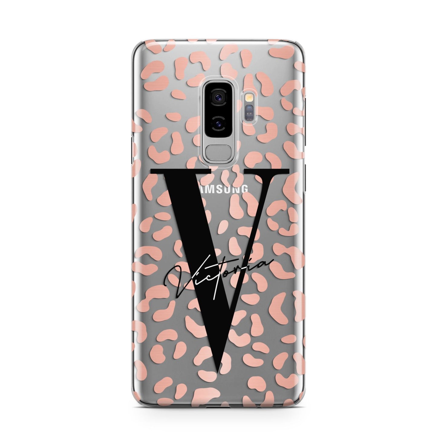 Personalised Leopard Print Clear Copper Samsung Galaxy S9 Plus Case on Silver phone
