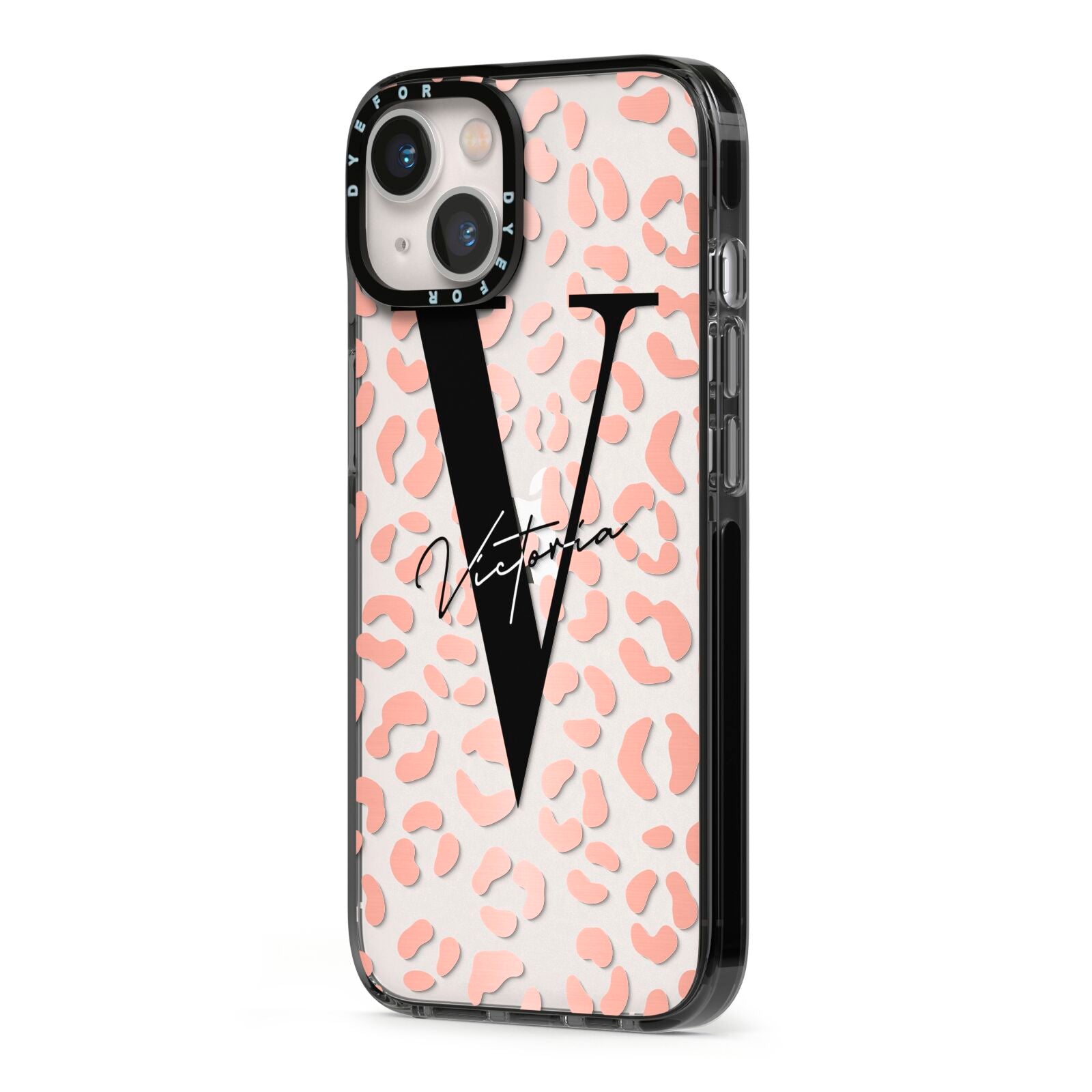 Personalised Leopard Print Clear Copper iPhone 13 Black Impact Case Side Angle on Silver phone