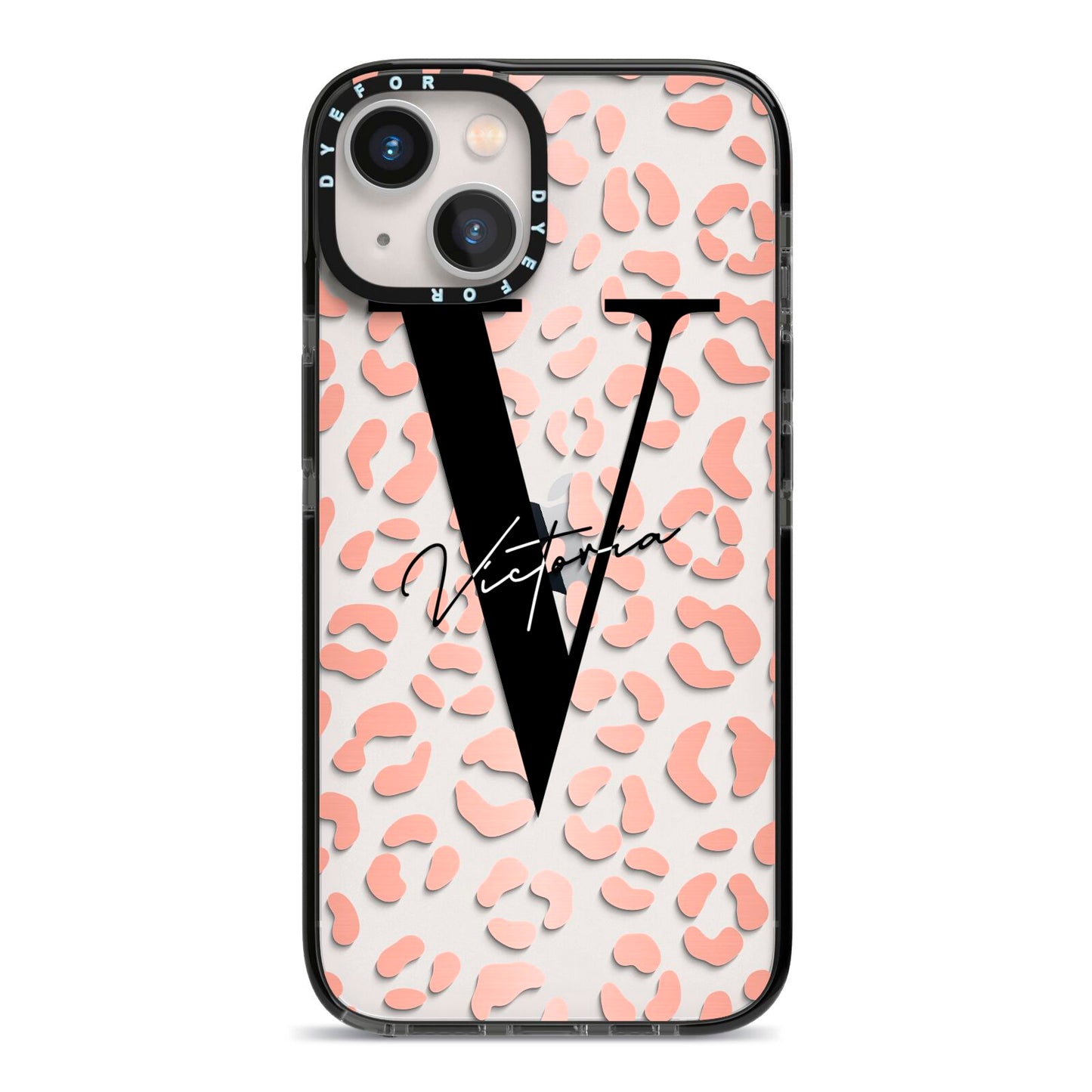 Personalised Leopard Print Clear Copper iPhone 13 Black Impact Case on Silver phone