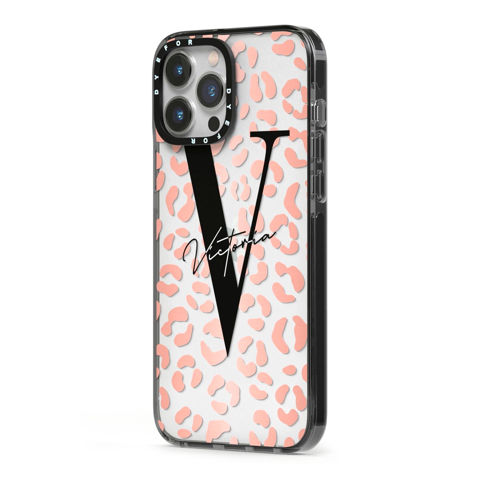 Personalised Leopard Print Clear Copper iPhone 13 Pro Max Black Impact Case Side Angle on Silver phone