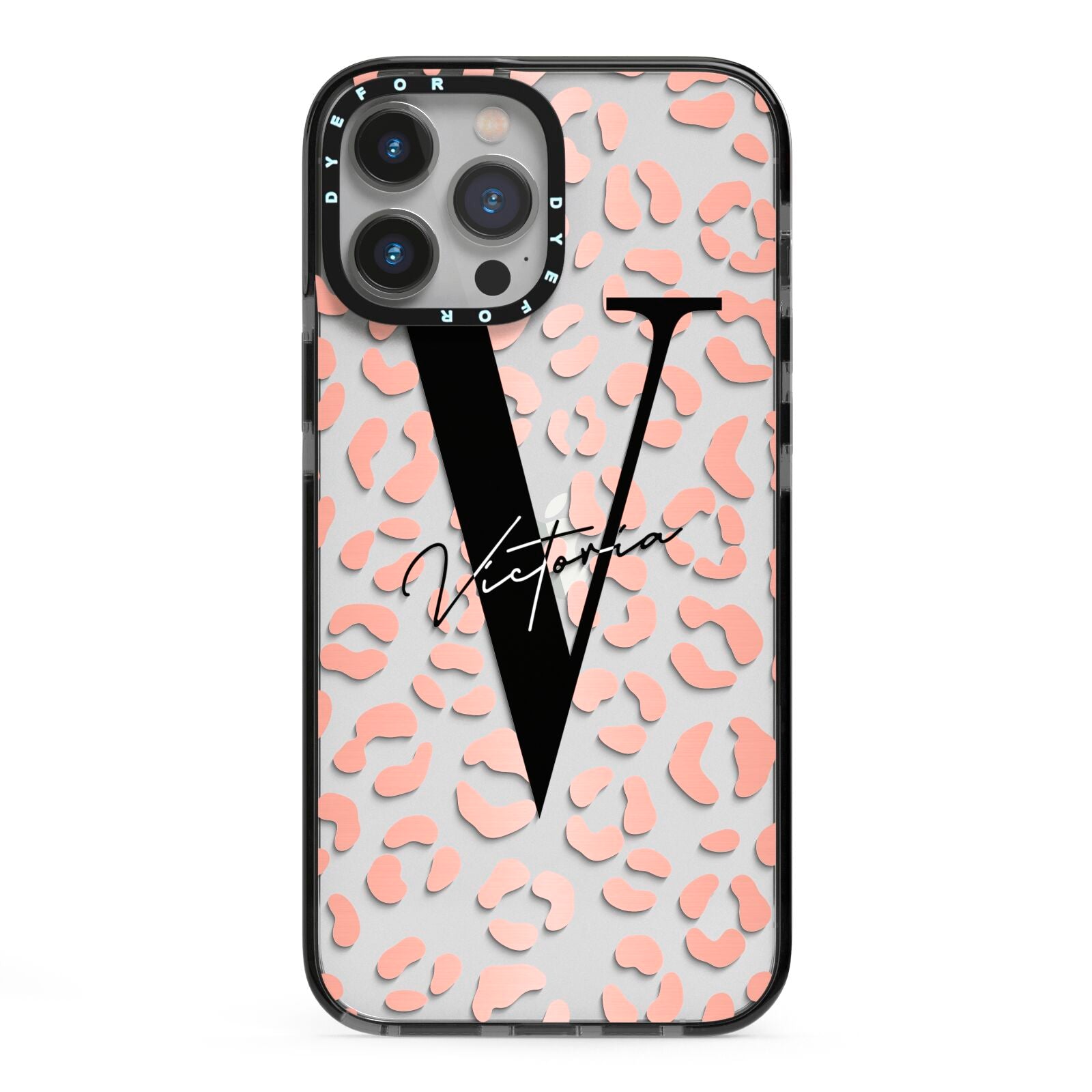 Personalised Leopard Print Clear Copper iPhone 13 Pro Max Black Impact Case on Silver phone