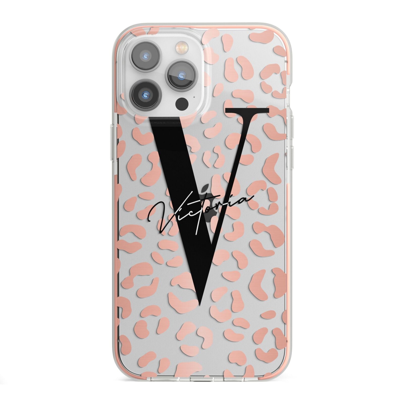 Personalised Leopard Print Clear Copper iPhone 13 Pro Max TPU Impact Case with Pink Edges