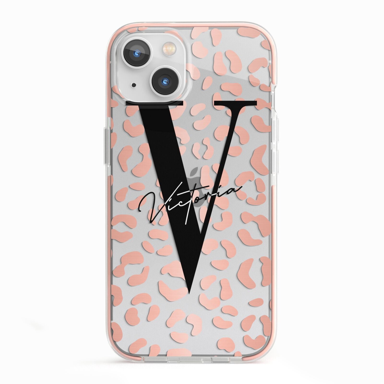 Personalised Leopard Print Clear Copper iPhone 13 TPU Impact Case with Pink Edges