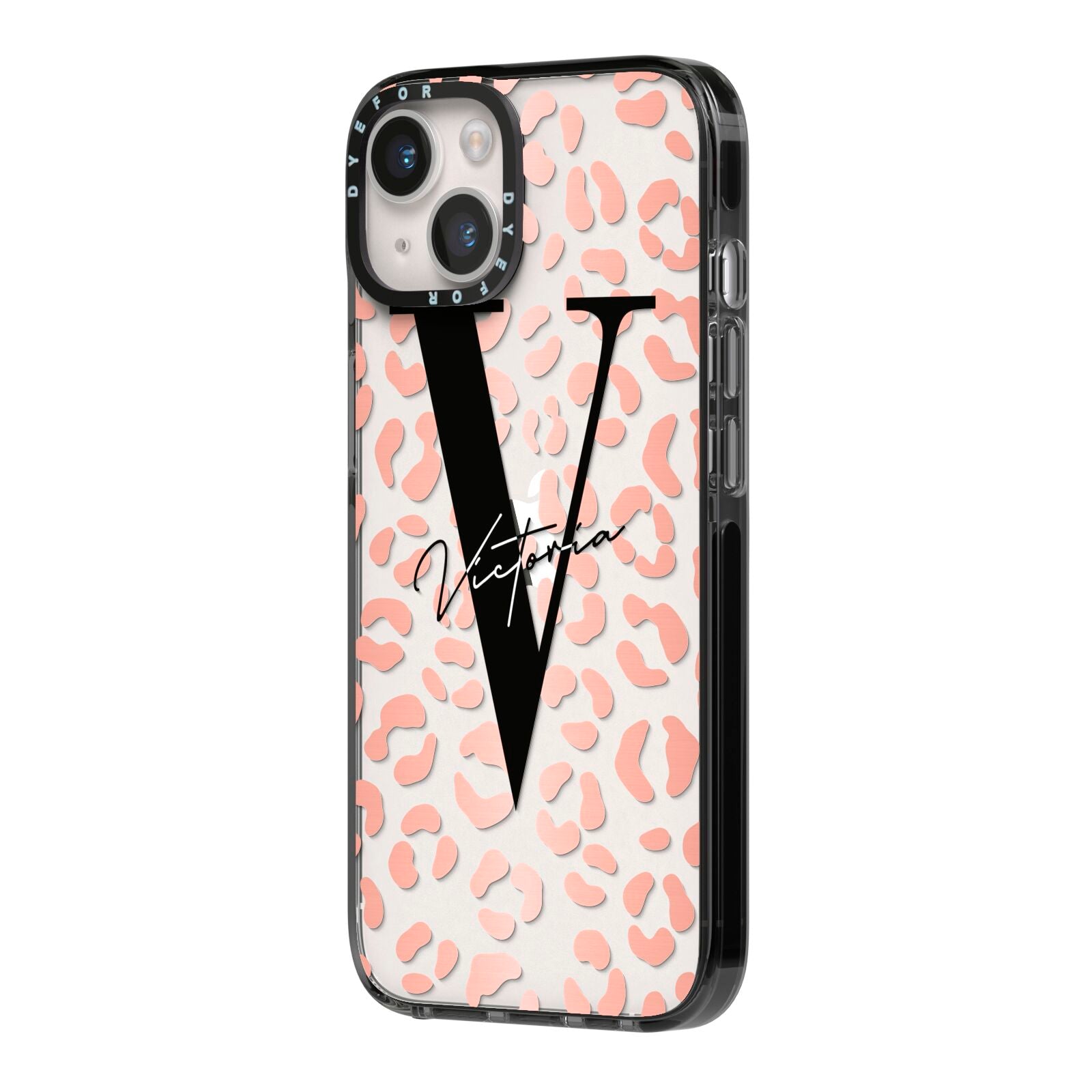 Personalised Leopard Print Clear Copper iPhone 14 Black Impact Case Side Angle on Silver phone
