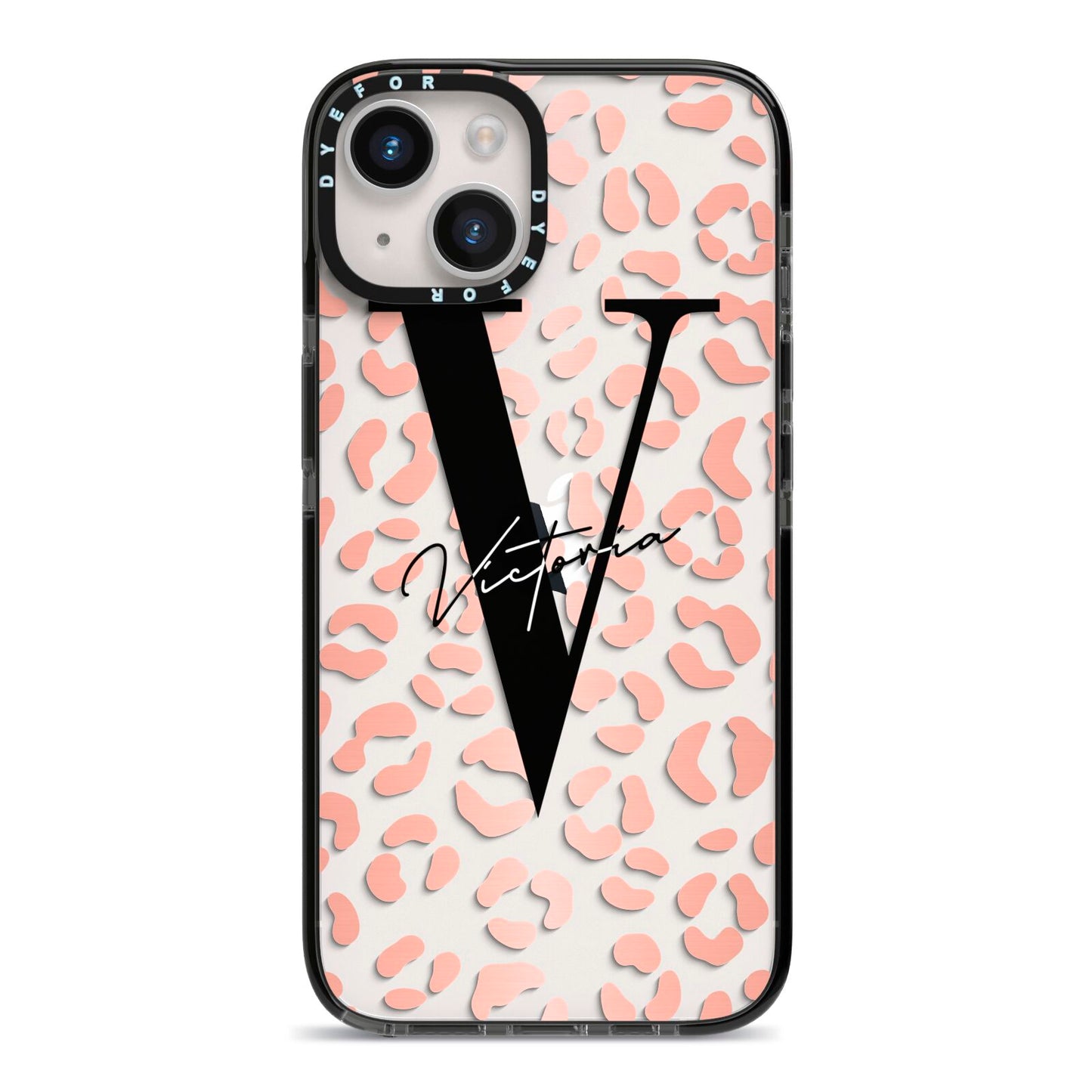 Personalised Leopard Print Clear Copper iPhone 14 Black Impact Case on Silver phone