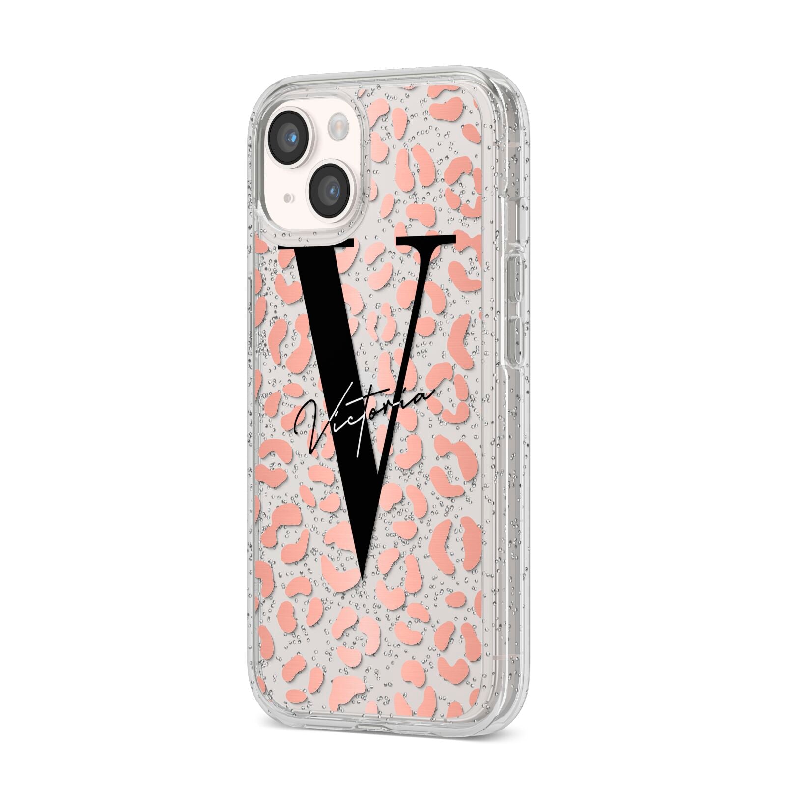 Personalised Leopard Print Clear Copper iPhone 14 Glitter Tough Case Starlight Angled Image