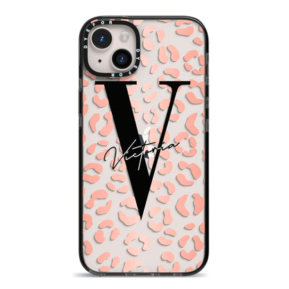 Personalised Leopard Print Clear Copper iPhone 14 Plus Black Impact Case on Silver phone