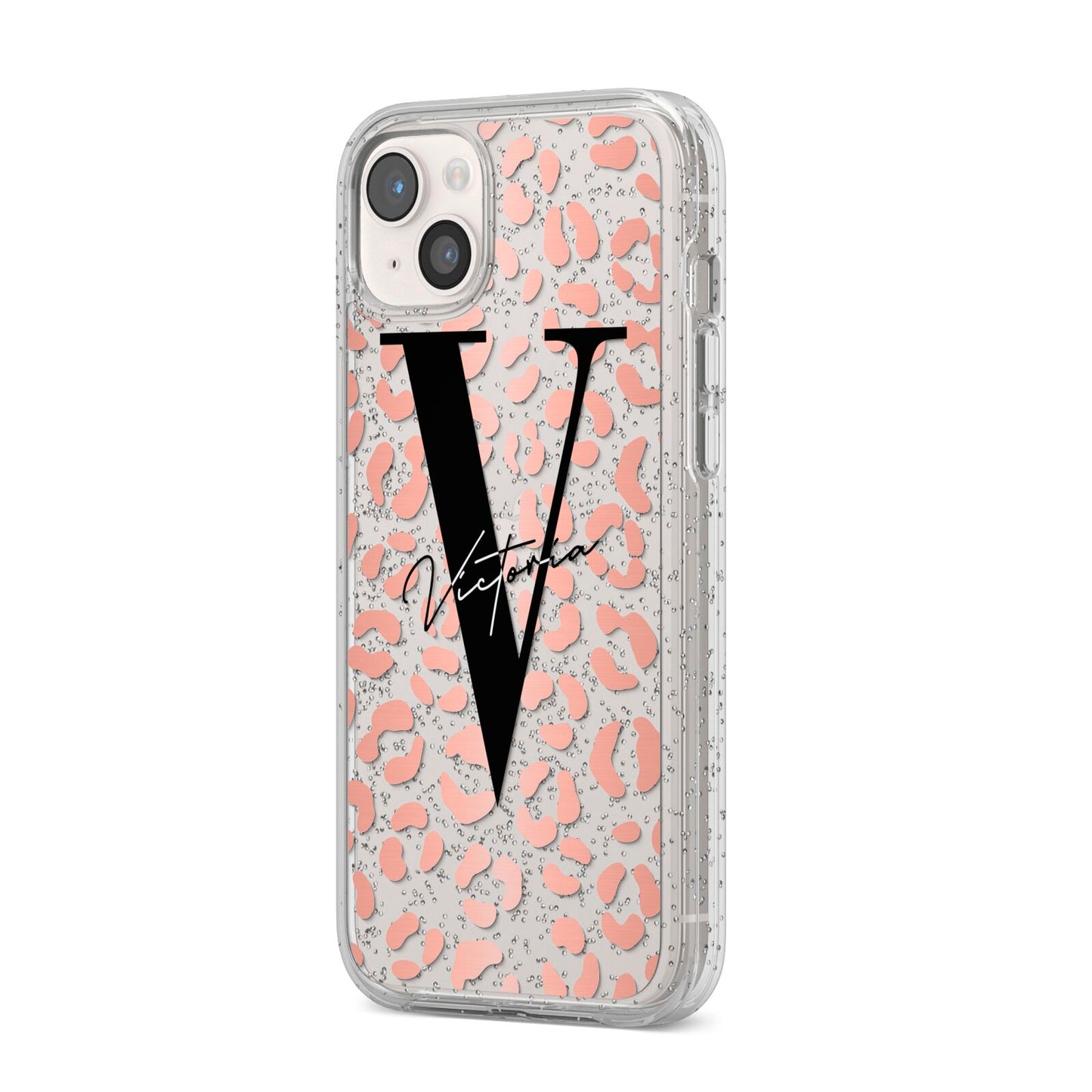 Personalised Leopard Print Clear Copper iPhone 14 Plus Glitter Tough Case Starlight Angled Image