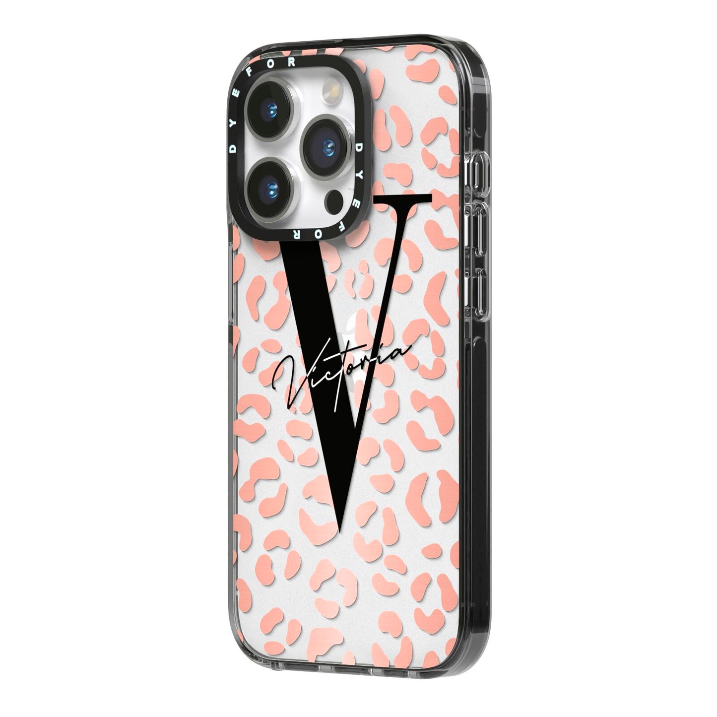 Personalised Leopard Print Clear Copper iPhone 14 Pro Black Impact Case Side Angle on Silver phone