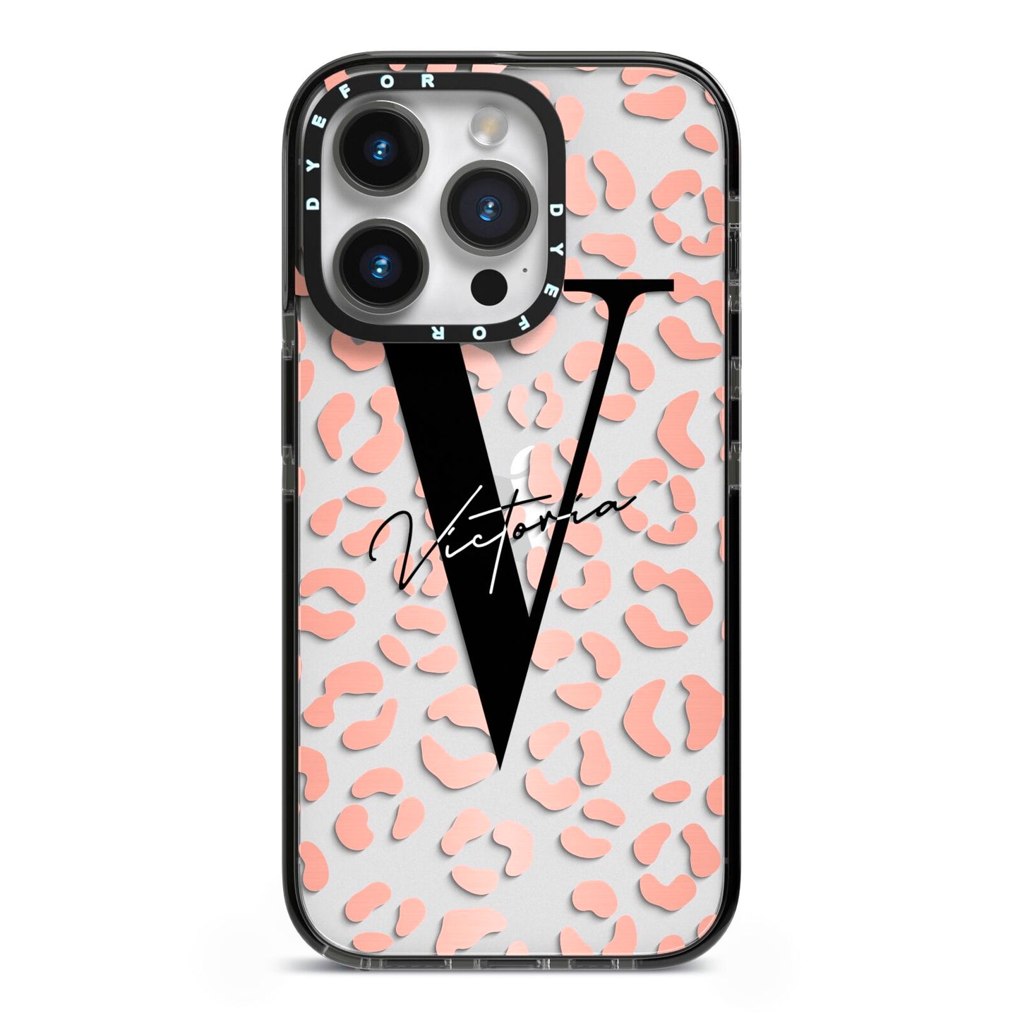 Personalised Leopard Print Clear Copper iPhone 14 Pro Black Impact Case on Silver phone