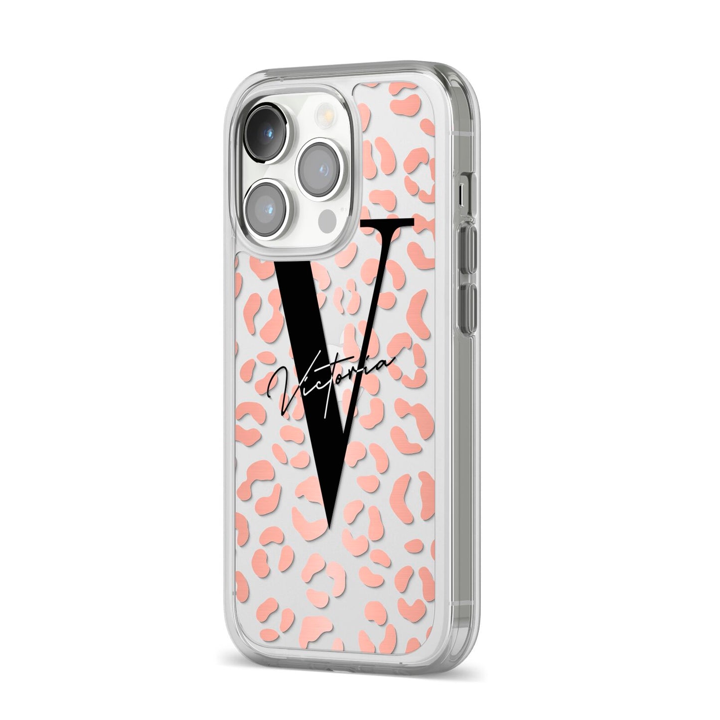 Personalised Leopard Print Clear Copper iPhone 14 Pro Clear Tough Case Silver Angled Image