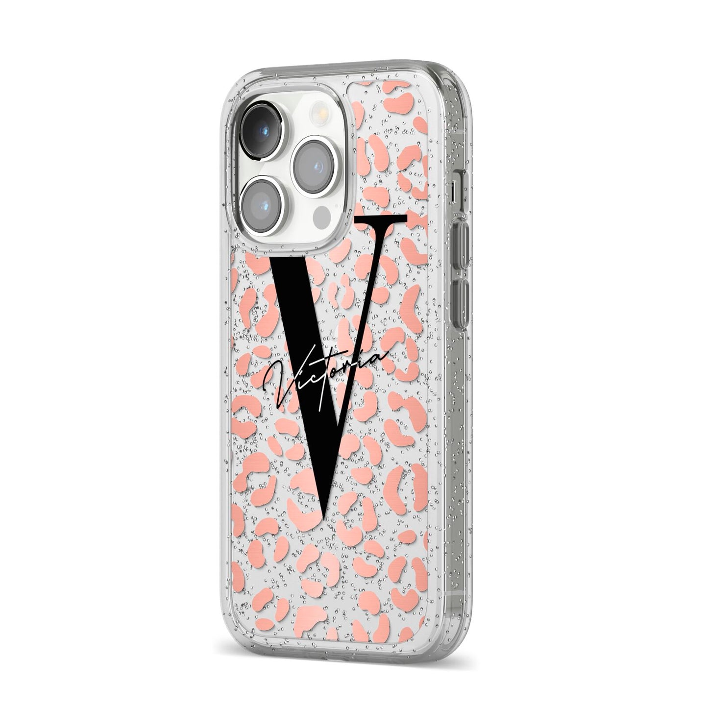 Personalised Leopard Print Clear Copper iPhone 14 Pro Glitter Tough Case Silver Angled Image