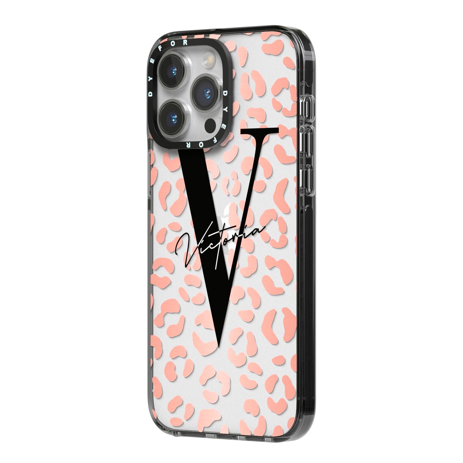 Personalised Leopard Print Clear Copper iPhone 14 Pro Max Black Impact Case Side Angle on Silver phone