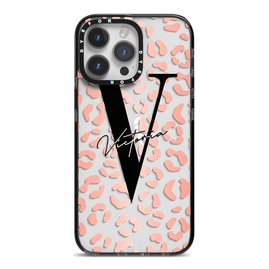 Personalised Leopard Print Clear Copper iPhone 14 Pro Max Black Impact Case on Silver phone