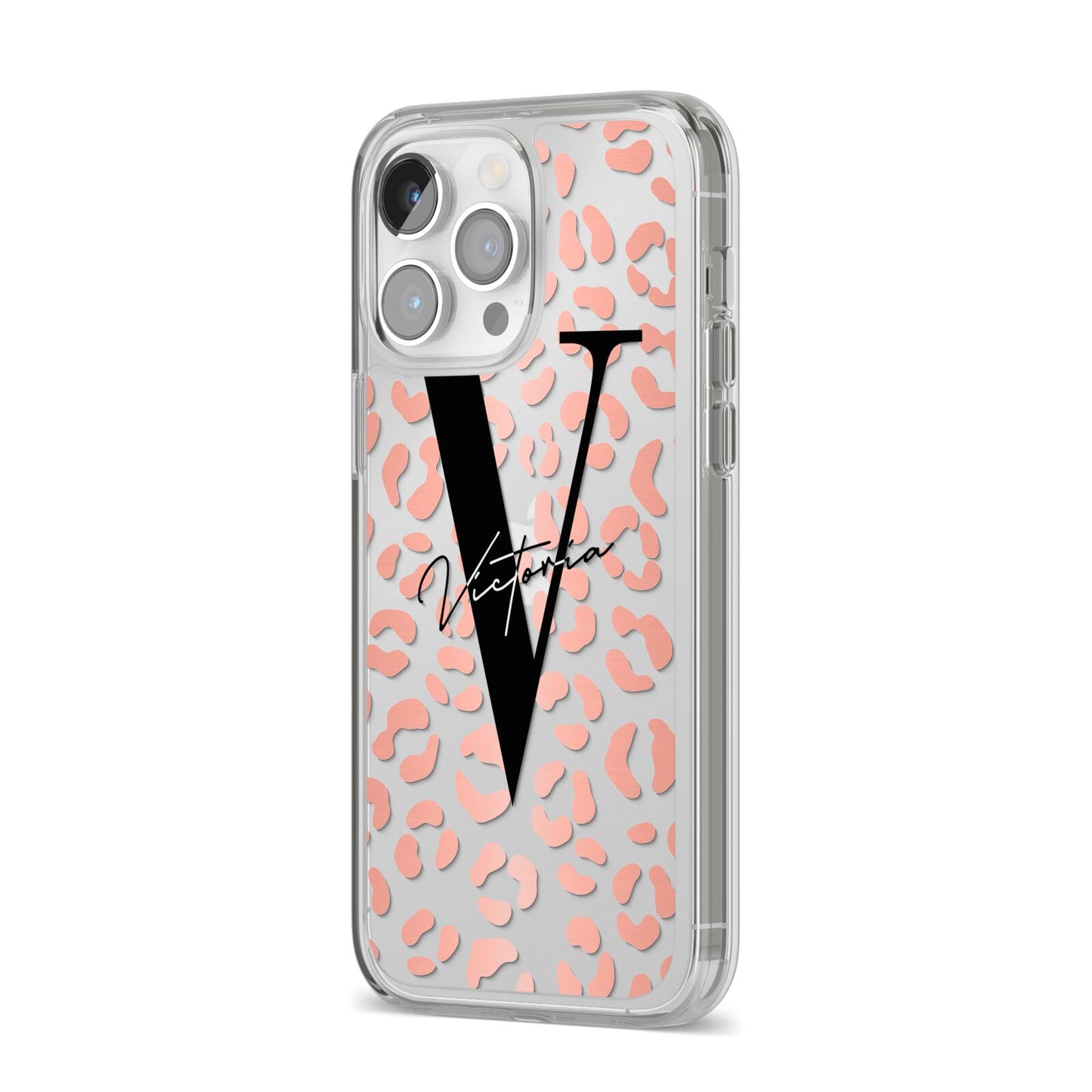 Personalised Leopard Print Clear Copper iPhone 14 Pro Max Clear Tough Case Silver Angled Image