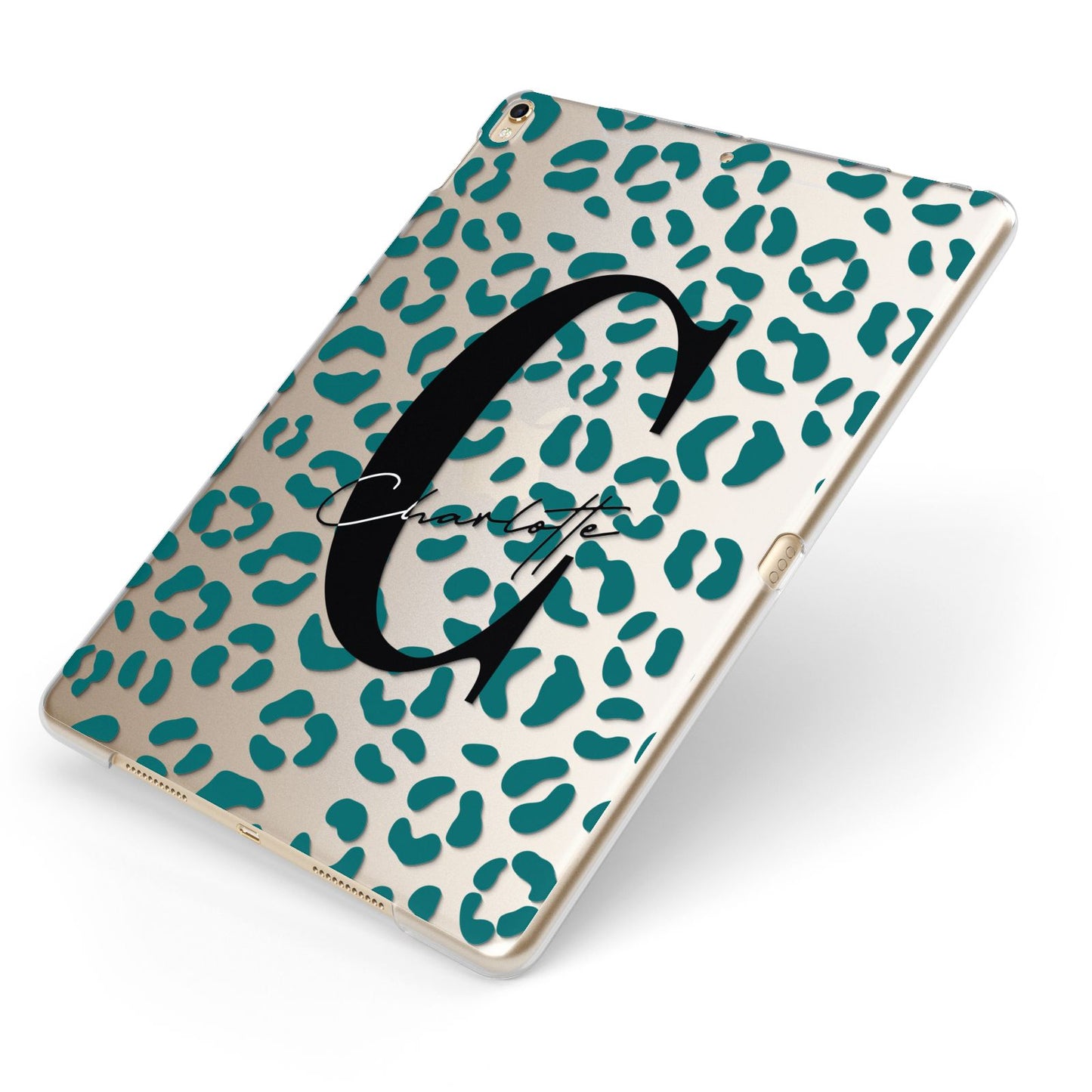 Personalised Leopard Print Clear Green Apple iPad Case on Gold iPad Side View