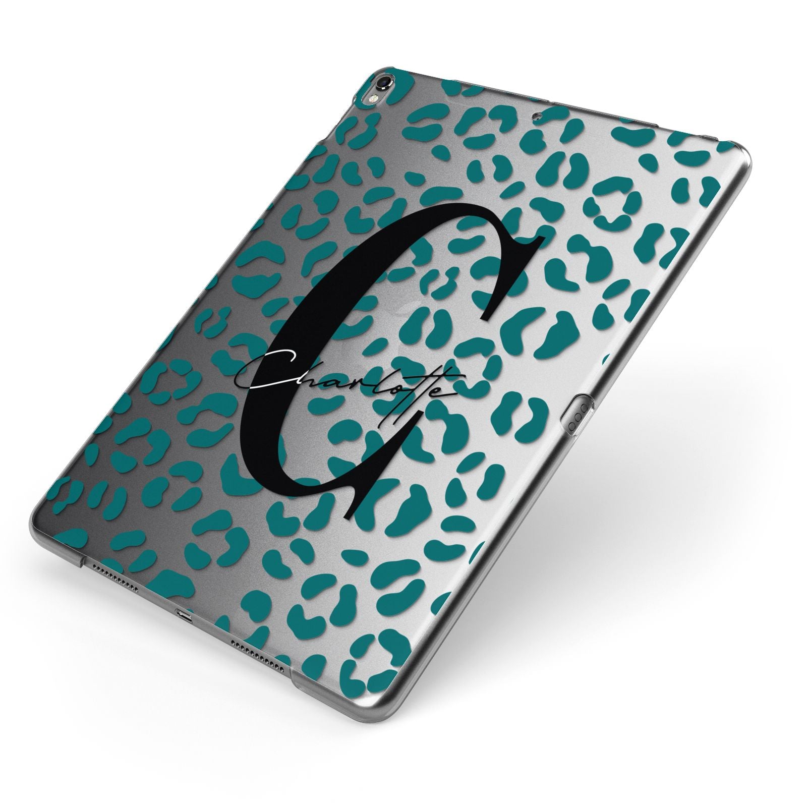 Personalised Leopard Print Clear Green Apple iPad Case on Grey iPad Side View